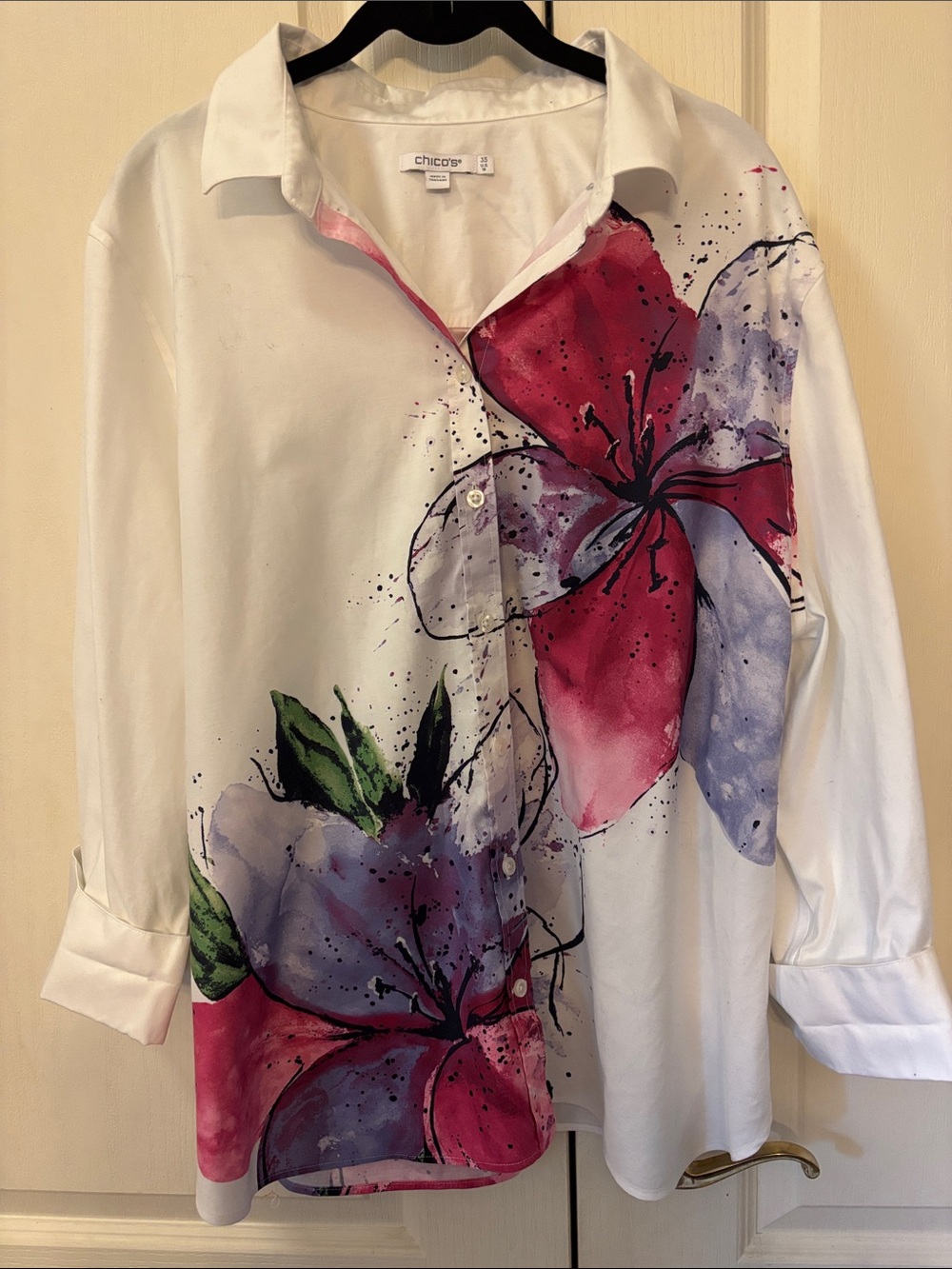 Chico's No Iron White Button-Down Blouse with Pink & Purple Floral Watercolor